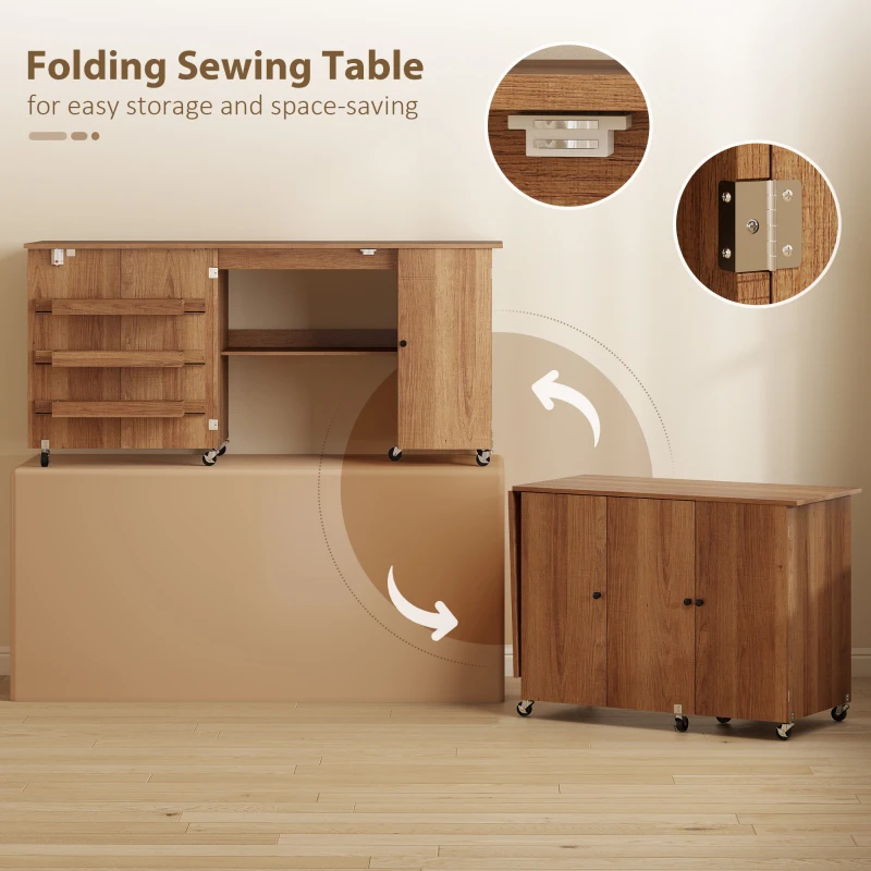 HOMCOM Sewing Machine Table with Drop Leaf, Folding Craft Table with 2 Doors and Adjustable Shelf for Small Spaces, Brown