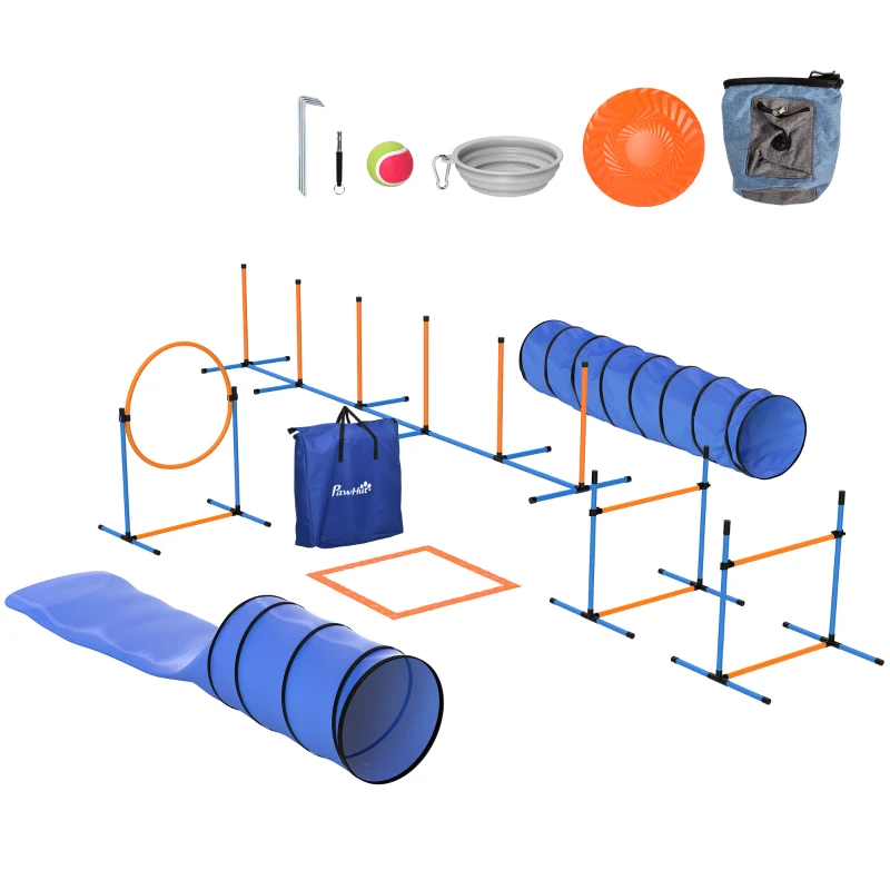 PawHut 13-Piece Dog Agility Training Equipment Set, Pet Obstacle Course with 2 Tunnels, Adjustable Jumps, Orange Blue