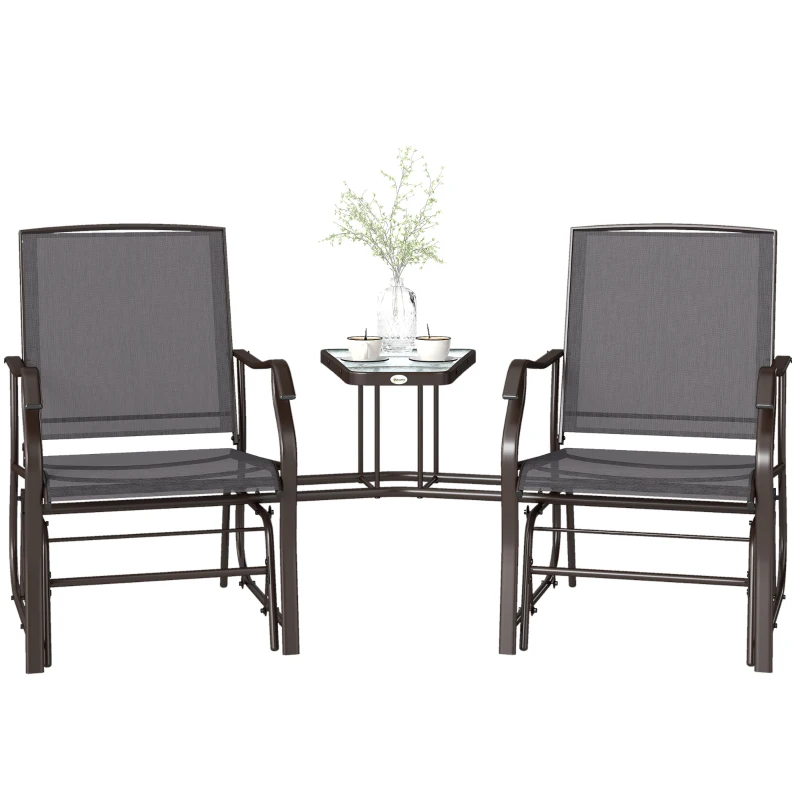 Outsunny Double Patio Glider Chair with Glass Top Center Table, Outdoor Glider Loveseat with High Back,  All Weather Breathable Mesh Fabric for Garden, Backyard, Deck, Grey