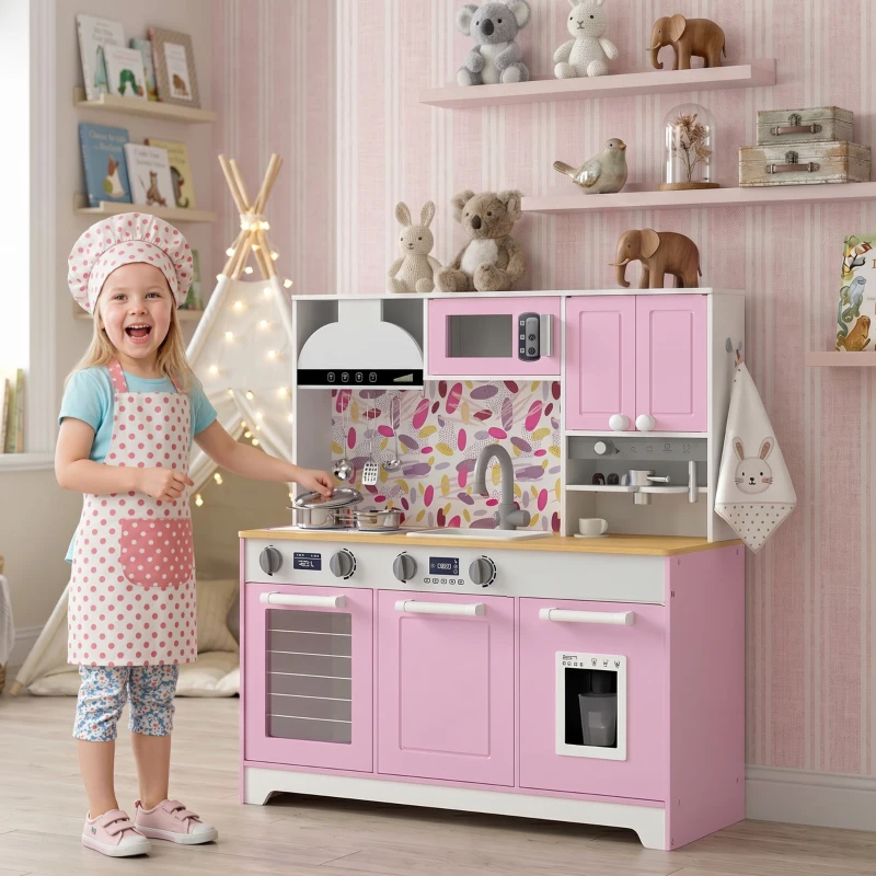 Qaba Play Kitchen, Kids Kitchen Playset with Coffee Maker, Ice Maker, Clicking Knobs, Storage, Accessories for 3-8 Years