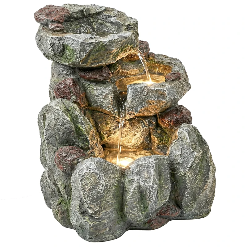 Outsunny Outdoor Fountain with LED Lights Adjustable Flow Cascading Waterfall 3-Tier Rustic Rock Look Grey