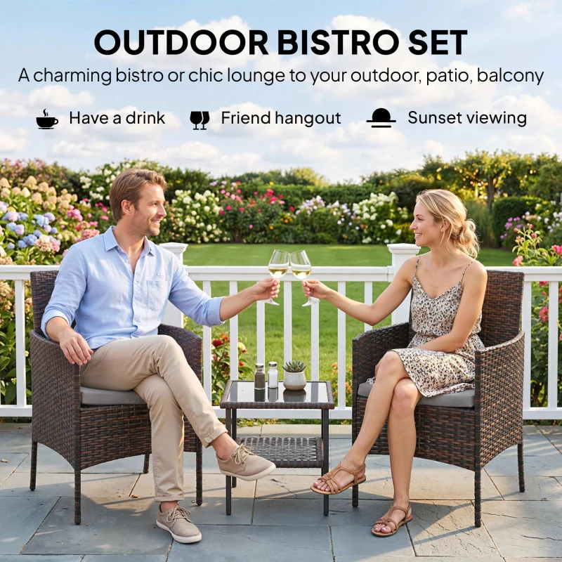 Outsunny Wicker Bistro Set, 3 Piece Patio Furniture Set with 2-Tier Glass Top Table, Cushions for Balcony, Porch, Dark Grey
