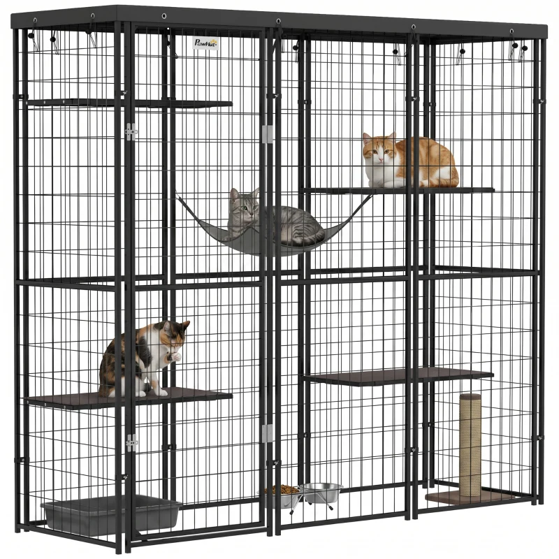 PawHut Weld Wire Catio Outdoor Indoor with Waterproof Cover, 4 Jumping Platforms, Hammock, 69" x 22" x 62", Black