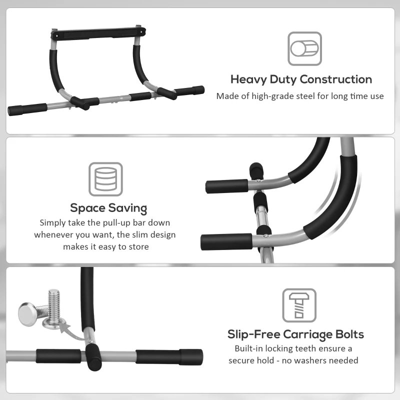 Soozier Pull-Up Bar for Doorway, Home Fitness Door Horizontal Chin up Bar for Indoor Gym Upper Body Workout, Grey
