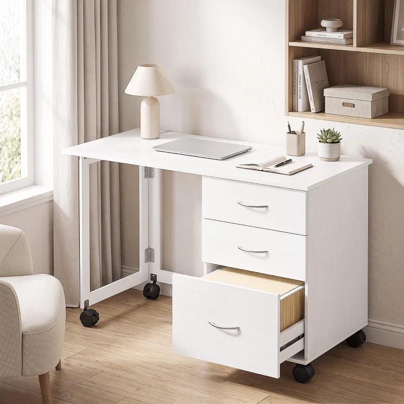 HOMCOM Computer Desk Foldable Top Office Desk 3 Drawers, 4 Lockable Wheels, White Wood Grain