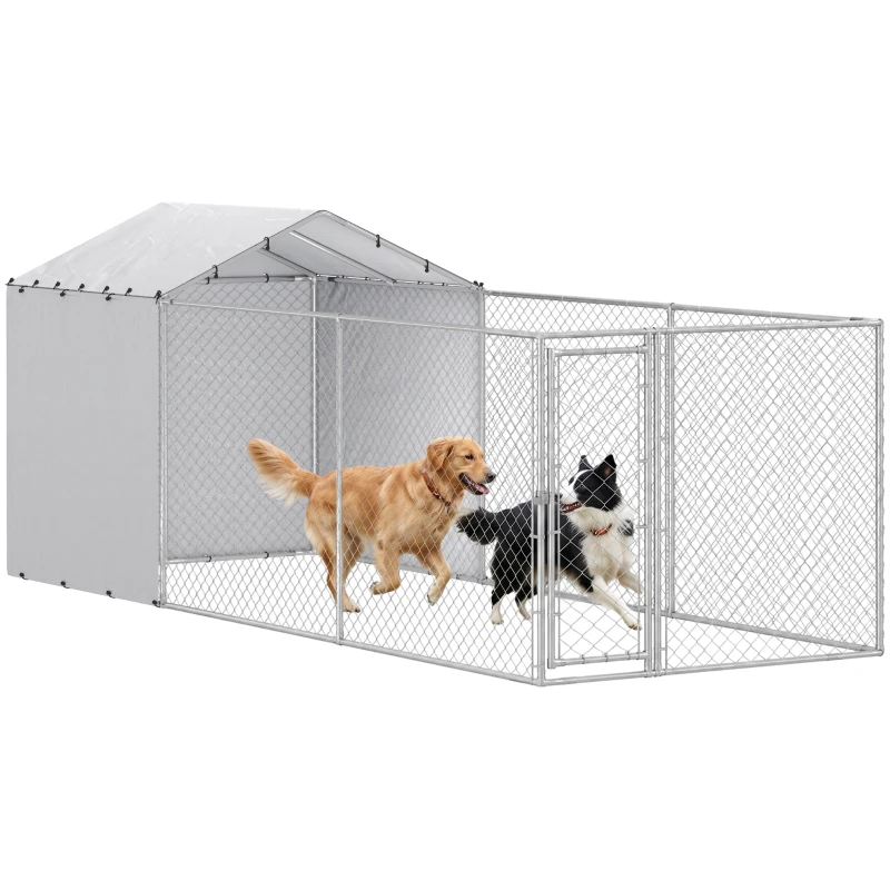 PawHut Galvanized Steel Dog Kennel Outdoor with Waterproof & UV-Resistant Cover for Large Dogs, 19.7' x 7.5' x 7.5'