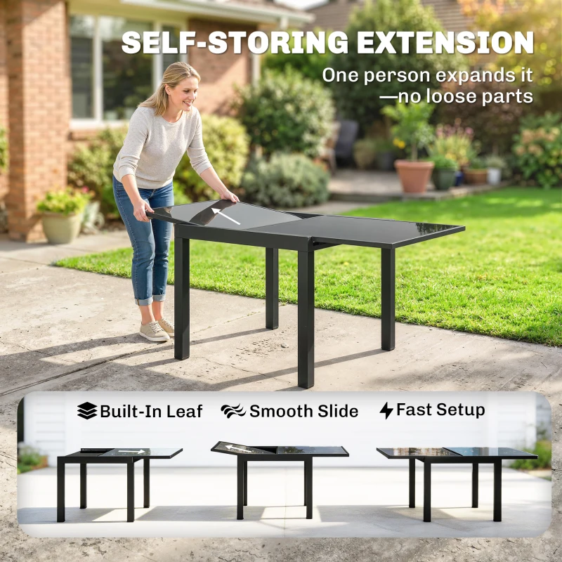 Outsunny Aluminum Expandable Outdoor Dining Table with Tempered Glass Tabletop and Aluminum Frame, for Garden, Backyard, Black