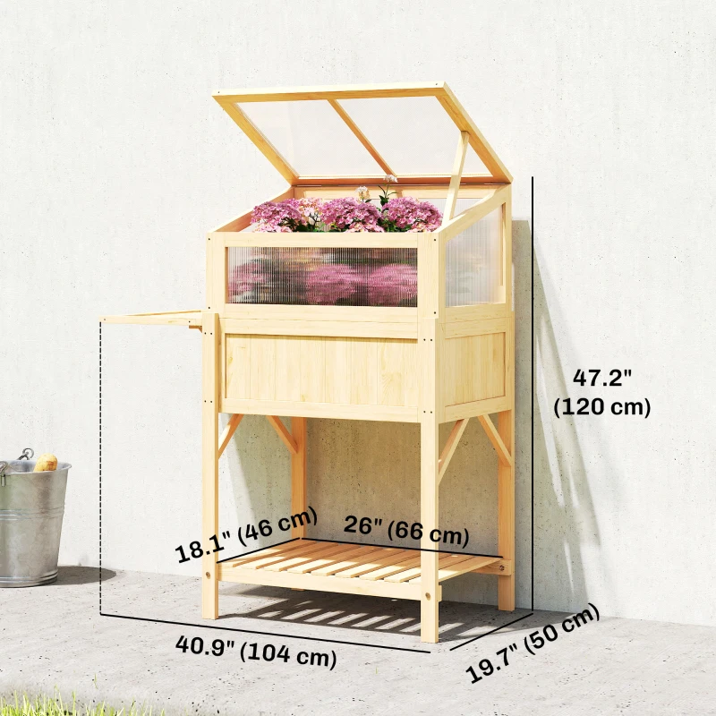 Outsunny Raised Garden Bed Planter with Cold Frame, Wooden Elevated Planter Box with Folding Side Table and Shelf, Natural Wood
