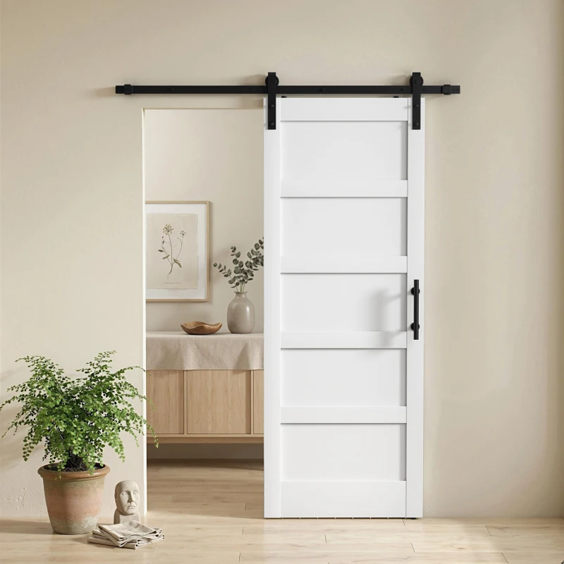 HOMCOM 32"x84" Sliding Barn Door with Hardware Kit, Shaker Style Sliding Door with Handle, Track, Floor Guide, White Wood Grain