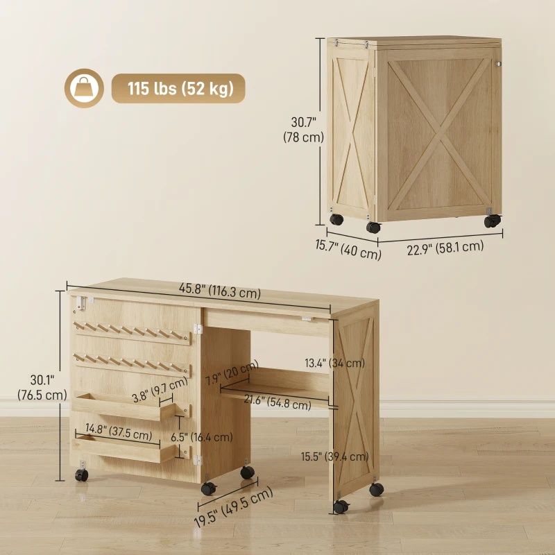 HOMCOM Sewing Machine Table on Wheels, Folding Craft Table with 2 Bins, Storage Shelf, 18 Pegs, Lockable Wheels, Natural