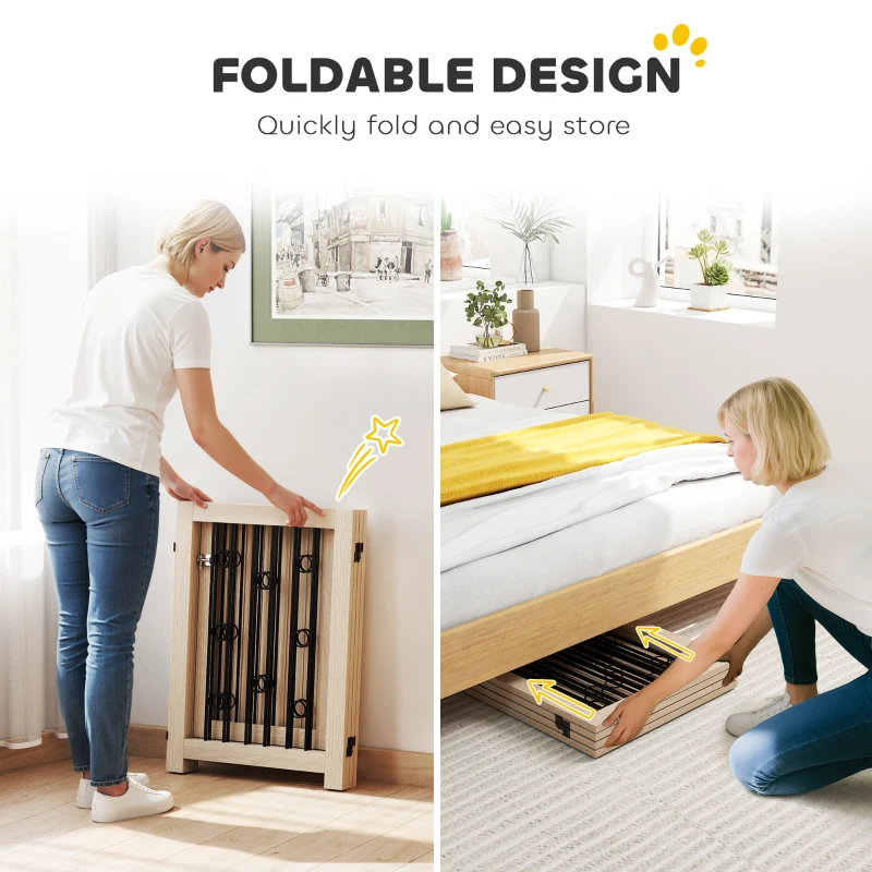 PawHut reestanding Dog Gate, Wooden Foldable Pet Gate with 4 Panels, Walk-Through Door, Support Feet, Non-Slip Mats