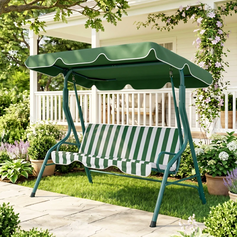 Outsunny Outdoor Porch Swing with Adjustable Canopy, 3-Seater Patio Swing Chair with Cushion, Green