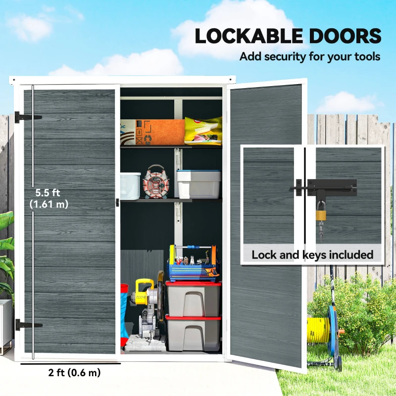 Outsunny Outdoor 4.4' x 2.3' Plastic Storage Shed with Lockable Doors and Foldable Shelves, Wood-Effect Garden Shed, Grey