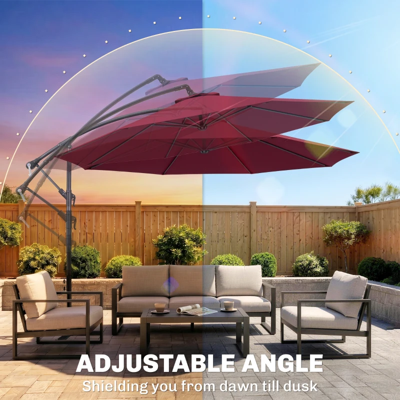 Outsunny 10' Deluxe Patio Umbrella, Outdoor Market Parasol, Banana Hanging Offset Sunshade with Crank, Cross Base, Wine Red
