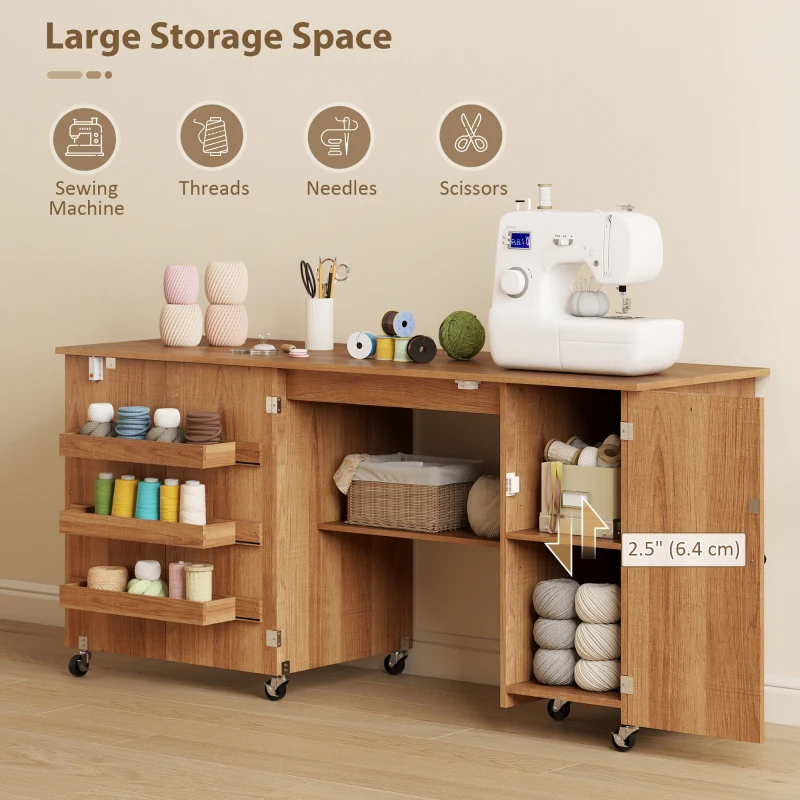 HOMCOM Sewing Machine Table with Drop Leaf, Folding Craft Table with 2 Doors and Adjustable Shelf for Small Spaces, Brown