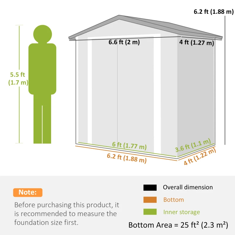 Outsunny 6.5' x 4'  Outdoor Storage Shed, Metal Garden Shed with Lockable Double Doors, 4 Vents, Light Grey
