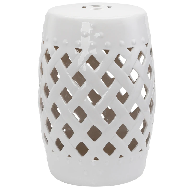 Outsunny 12.4" x 17.9" Ceramic Garden Stool with Woven Lattice Design, Indoor & Outdoor Decorative Accent Stool, White