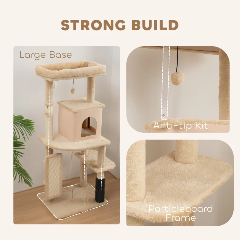 PawHut 52 Inch Cat Tree with Scratching Posts, Cat Bed, Condo, Grooming Brush, Jumping Platforms, Toy Balls, Anti-tip Kit