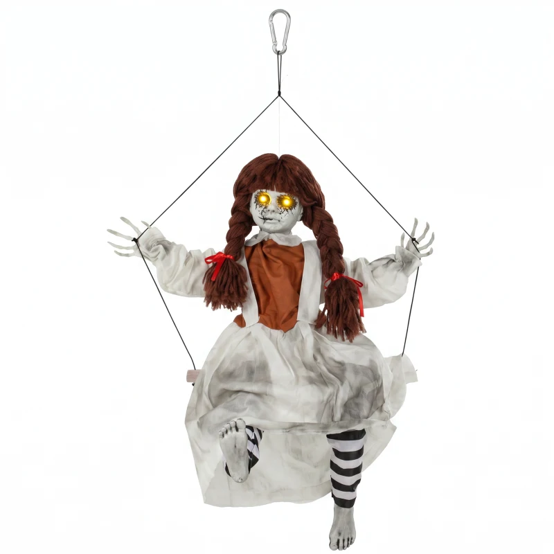HOMCOM Halloween Animated Hanging Creepy Girl on Swing Decoration, Light-Up Eyes, Sound and Touch Activated