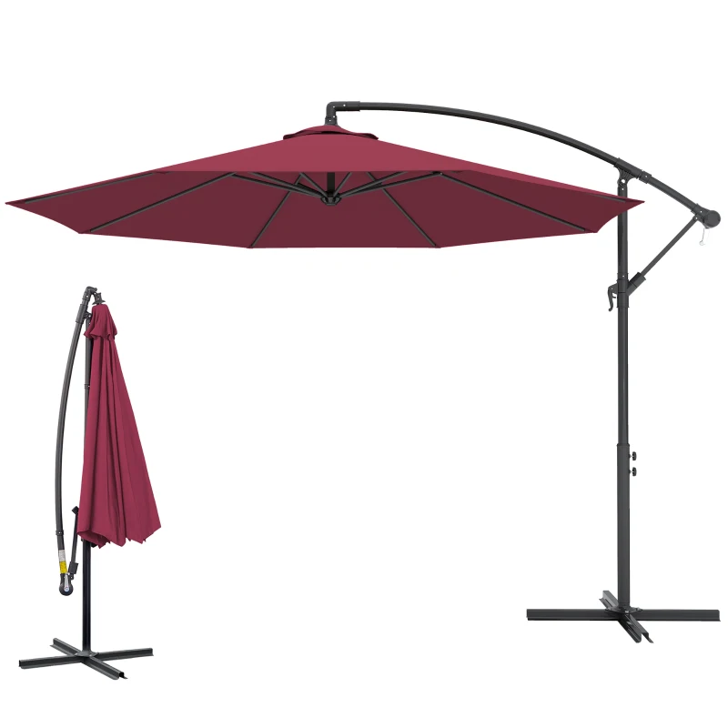 Outsunny 10' Deluxe Patio Umbrella, Outdoor Market Parasol, Banana Hanging Offset Sunshade with Crank, Cross Base, Wine Red