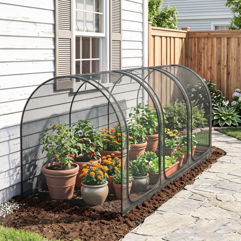 Outsunny 9' x 4' Crop Cage, Plant Protection Tent with Three Zippered Doors, Steel Frame, Storage Bag and 4 Ground Stakes, for Garden, Yard, Lawn, Black