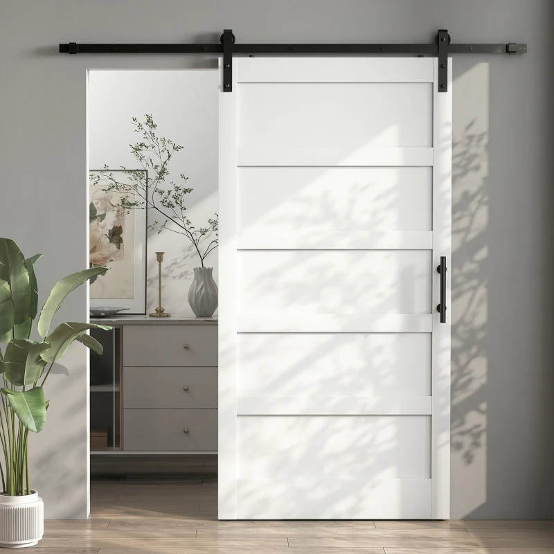 HOMCOM 42"x84" Sliding Barn Door with Hardware Kit, Shaker Style Sliding Door with Handle, Track, Floor Guide, White Wood Grain