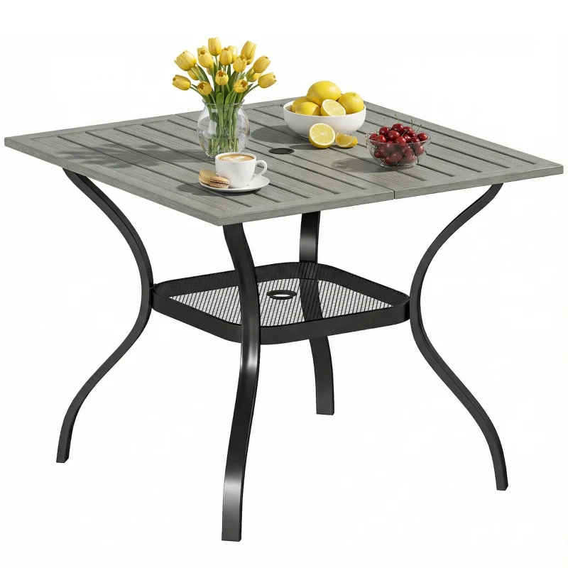 Outsunny Outdoor Dining Table for 4, Square Patio Table with Umbrella Hole, Shelf, Slatted Faux Wood Steel Top, Grey