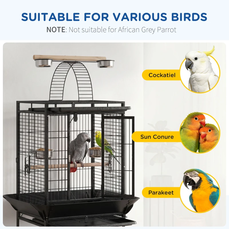 PawHut 61.5 Inch Bird Cage Parakeet House for Cockatiel with Stand, Pull Out Tray, Play Top, Storage Shelf, Wood Perch, Food Container