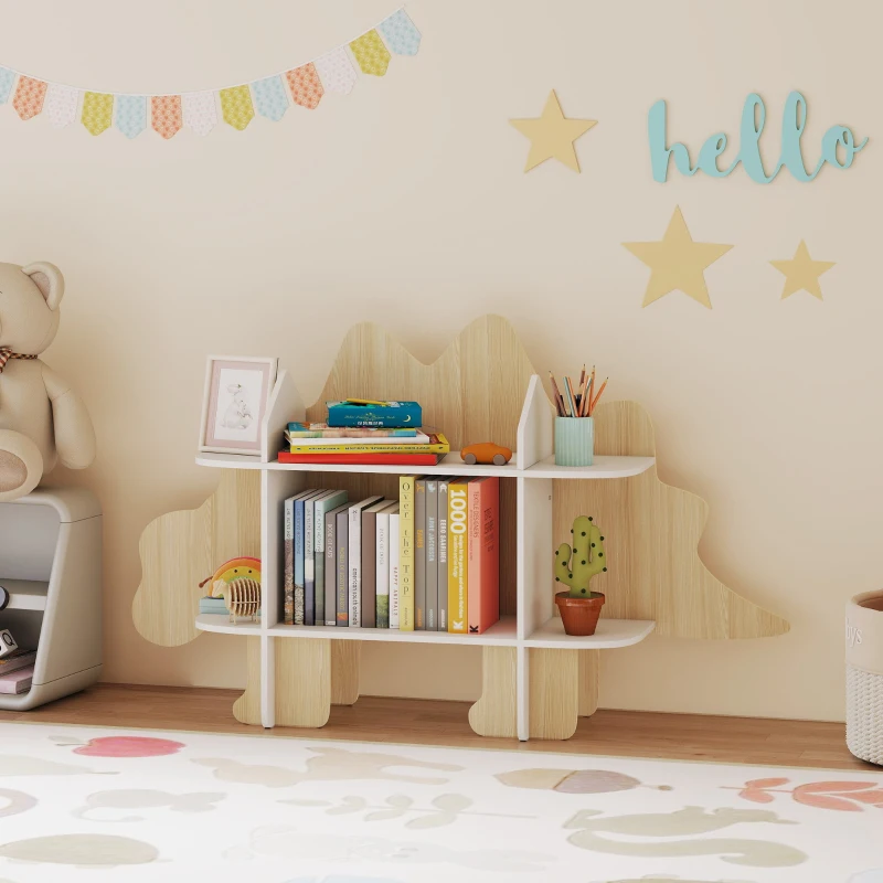 Qaba Dinosaur Themed Kids Bookshelf, 2 Tier Kids Bookcase, for Playroom, Bedroom, Living Room, Kids Room, Natural
