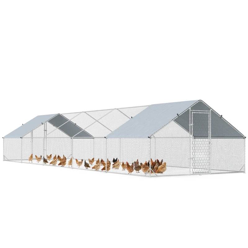 PawHut Metal Chicken Coop with Water- and UV-Protection Cover for Backyard Hen, Duck, Rabbit, 32.8' x 9.8' x 6.4'