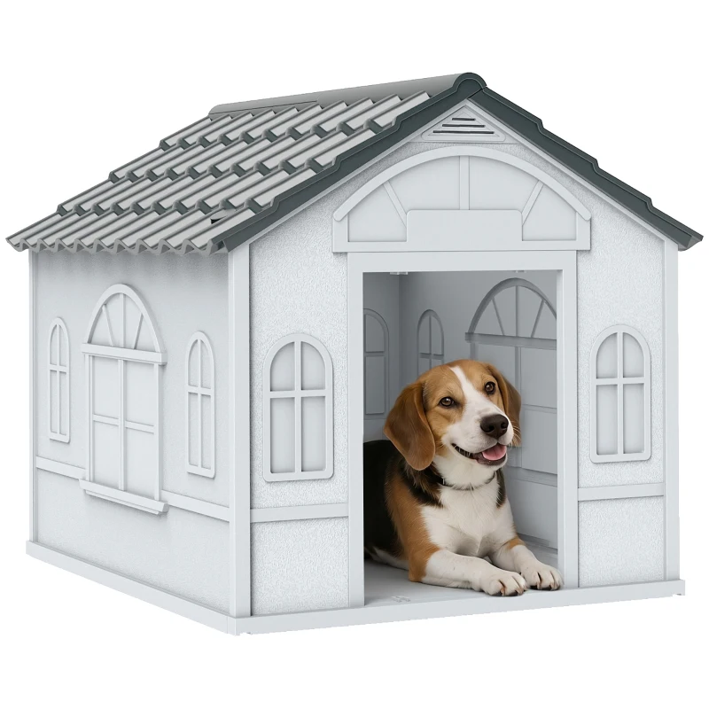 PawHut 26" Plastic Dog House Outdoor with Air Vents, for Small Medium Dogs, Grey