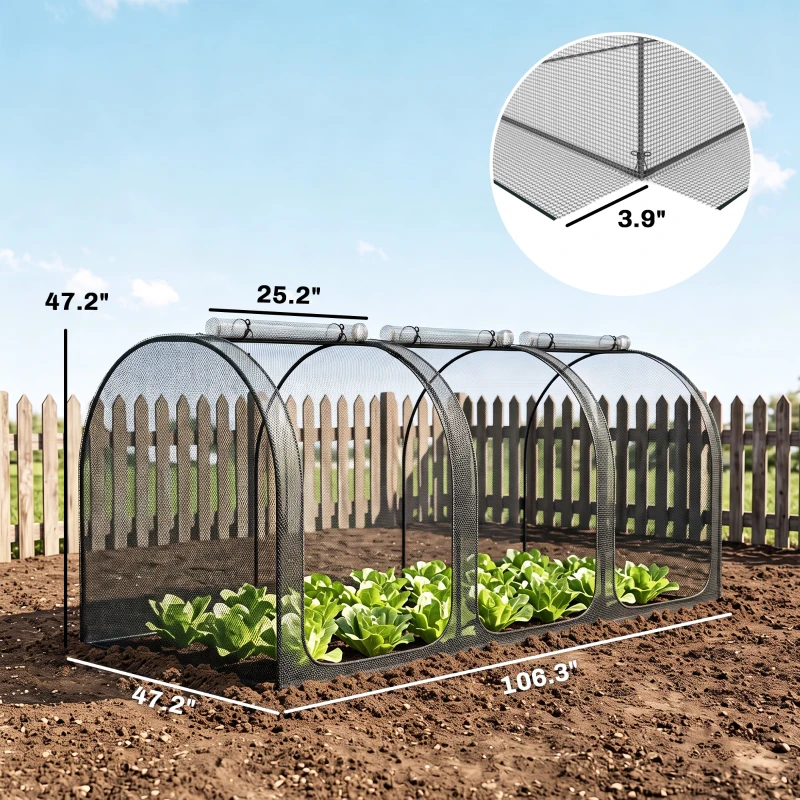 Outsunny 9' x 4' Crop Cage, Plant Protection Tent with Three Zippered Doors, Steel Frame, Storage Bag and 4 Ground Stakes, for Garden, Yard, Lawn, Black