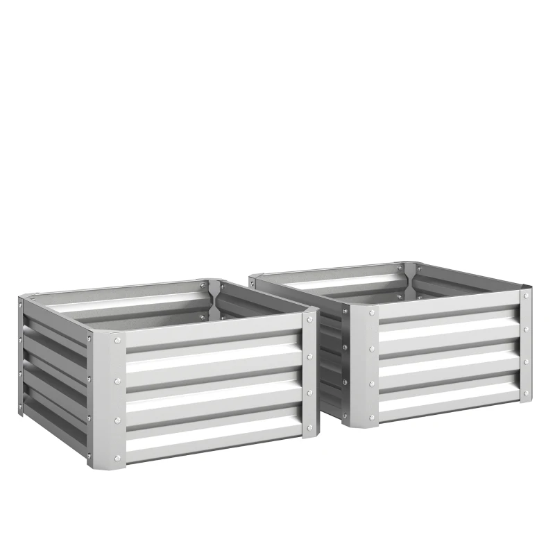 Outsunny Set of 2 Raised Garden Bed, 2 x 2 x 1ft Steel Planters for Outdoor Plants, Elevated Planter Box, Easy-to-assemble, for Flowers Herbs and Vegetables, Silver