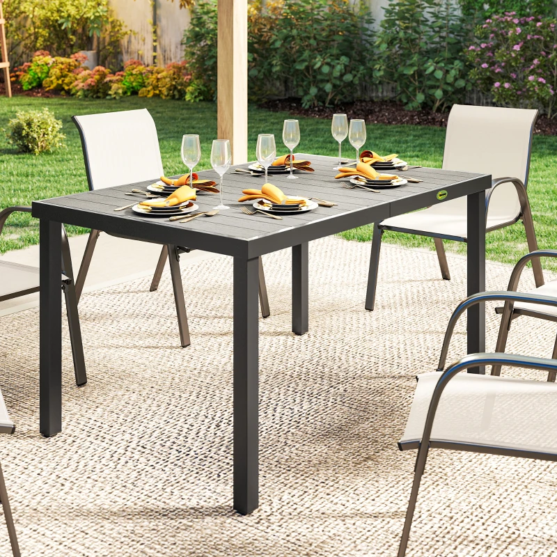 Outsunny Rectangular Patio Table for 6, Outdoor Dining Table with Wood-Plastic Composite Top and Steel Frame for Garden, Grey
