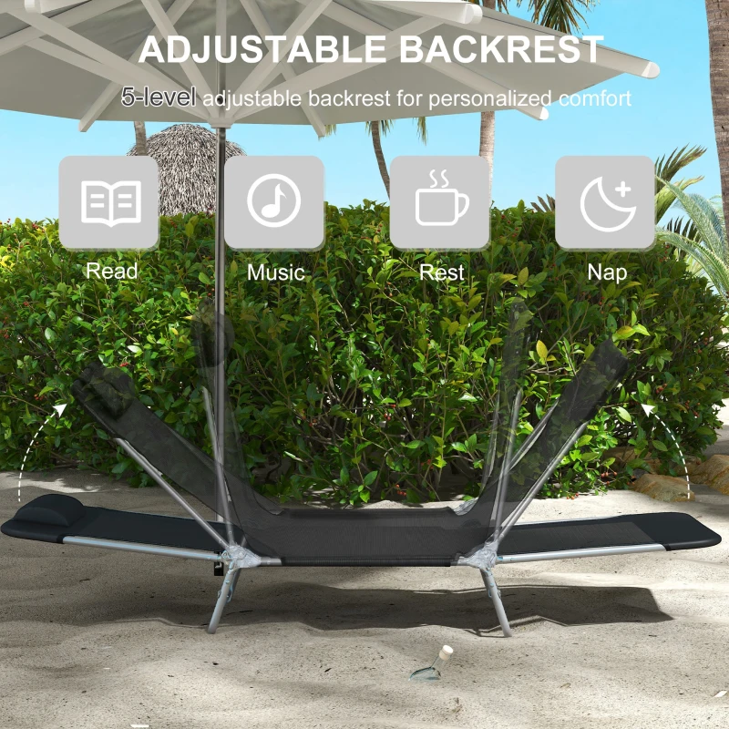 Outsunny Folding Outdoor Lounge Chair Set of 2, Reclining Tanning Chair with 5-Position Adjustable Backrest, Black