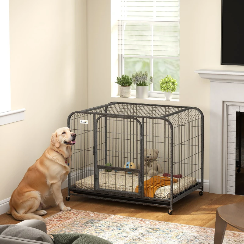 PawHut 43 Inch Heavy Duty Dog Crate, Extra Large Metal Dog Cage with Lockable Wheels and Removable Tray