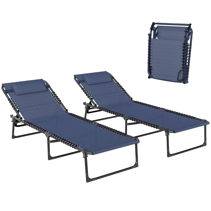 Outsunny 2 Folding Chaise Lounge Pool Chairs with 4-Position Reclining Back, Pillow, Breathable Mesh & Bungee Seat, Dark Blue