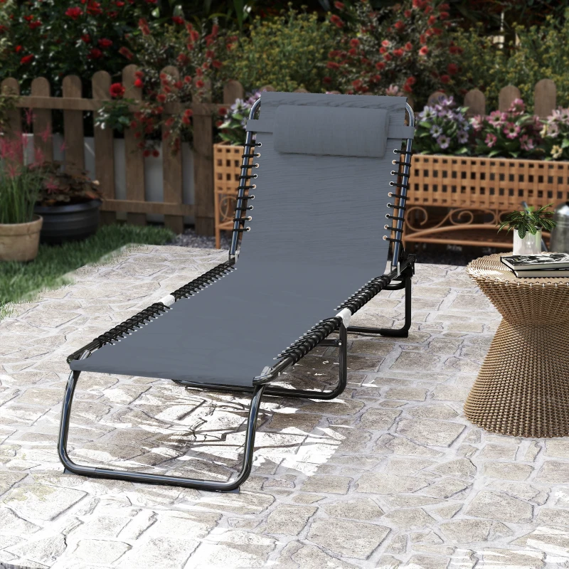 Outsunny Folding Chaise Lounge Pool Chair with 4-Position Reclining Back, Breathable Mesh & Bungee Seat, Gray