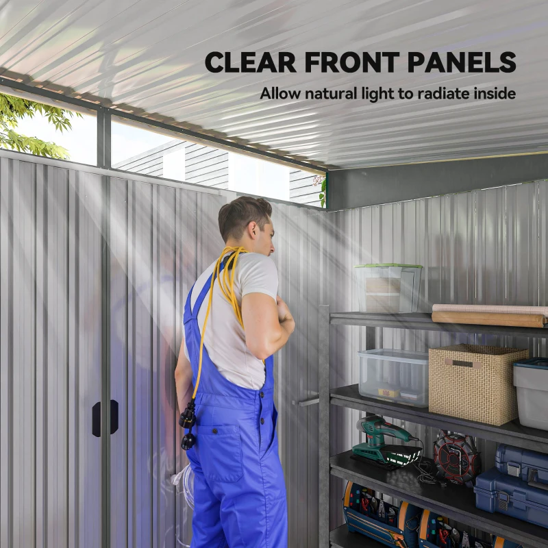 Outsunny 9' x 6.5' Outdoor Metal Garden Shed Utility Tool Storage Steel Backyard Storage House, Light Grey