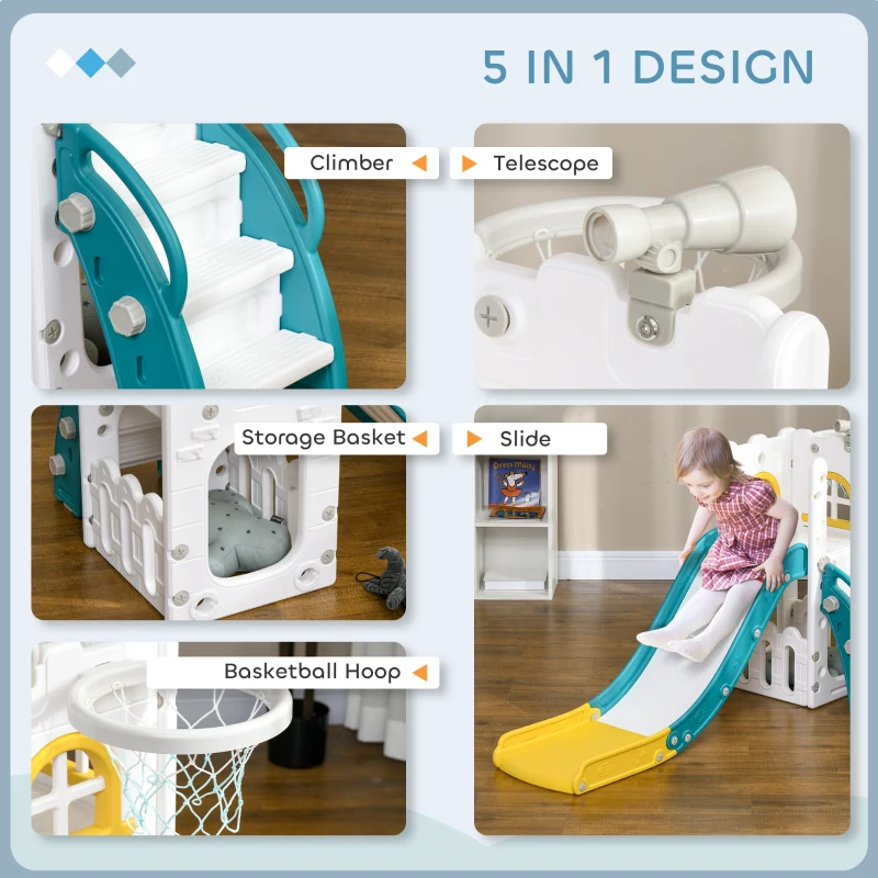 Qaba 5 in 1 Toddler Slide with Basketball Hoop, Climber, Telescope, Storage Basket, for 1-3 Years Kids Indoor Use, Yellow