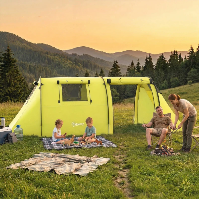 Outsunny 3-4 Person Camping Tent with 2 Rooms, 3000mm Waterproof Portable Family Tent with Carry Bag, Yellow