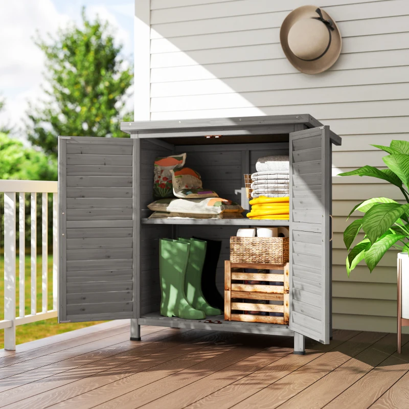Outsunny Wooden Garden Storage Shed Kit Wood Garage Tool Organisation Cabinet with 2 Door , 34" x 18" x 38", Grey