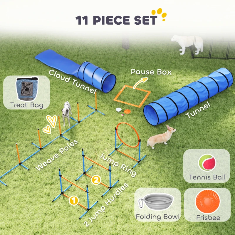 PawHut 13-Piece Dog Agility Training Equipment Set, Pet Obstacle Course with 2 Tunnels, Adjustable Jumps, Orange Blue