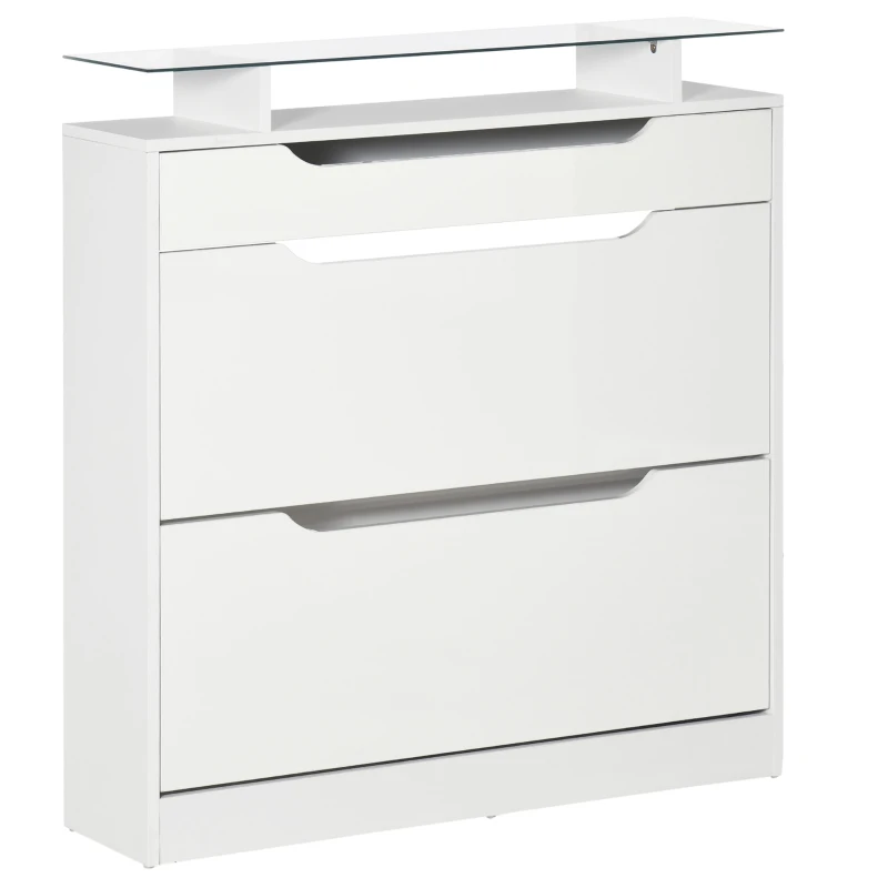 HOMCOM High Gloss Shoe Cabinet with 2 Flip Drawers and Adjustable Shelves, Narrow Shoe Storage Cabinet with Glass Top, White