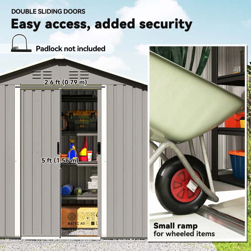 Outsunny 6.5x3.5ft Metal Garden Storage Shed for Outdoor Tool Storage with Double Sliding Doors and Vents, Light Grey