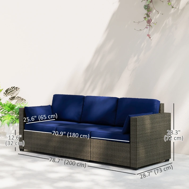 Outsunny 3-Seater Outdoor Sofa with Cushions, PE Rattan Conversation Patio Couch with Pillows for Garden, Poolside, Blue/Brown