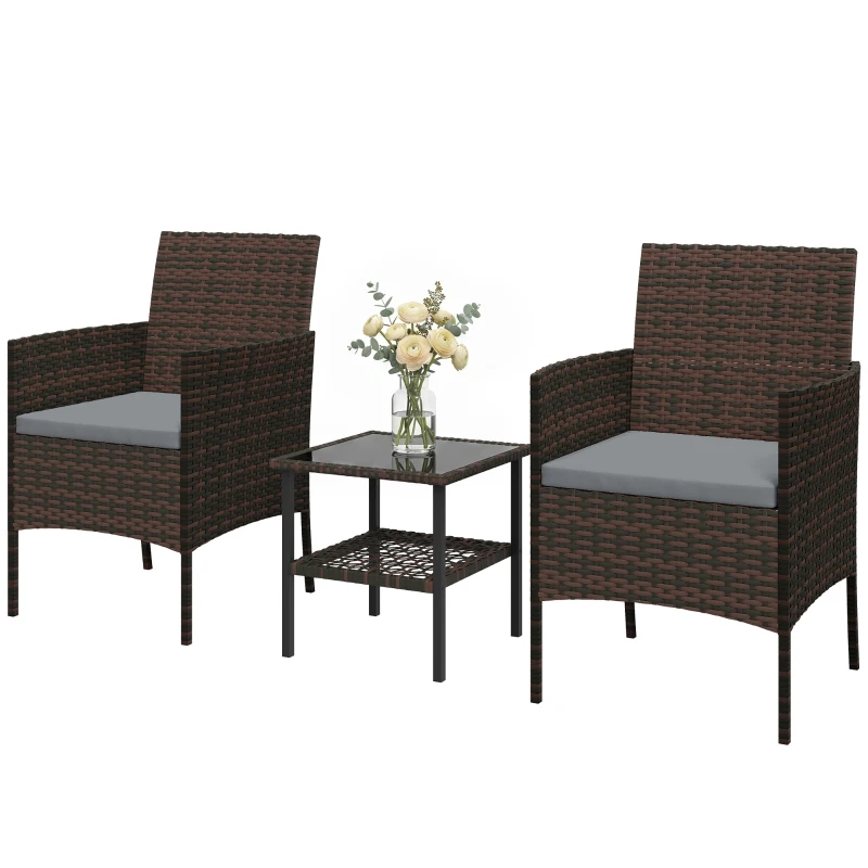 Outsunny Wicker Bistro Set, 3 Piece Patio Furniture Set with 2-Tier Glass Top Table, Cushions for Balcony, Porch, Dark Grey