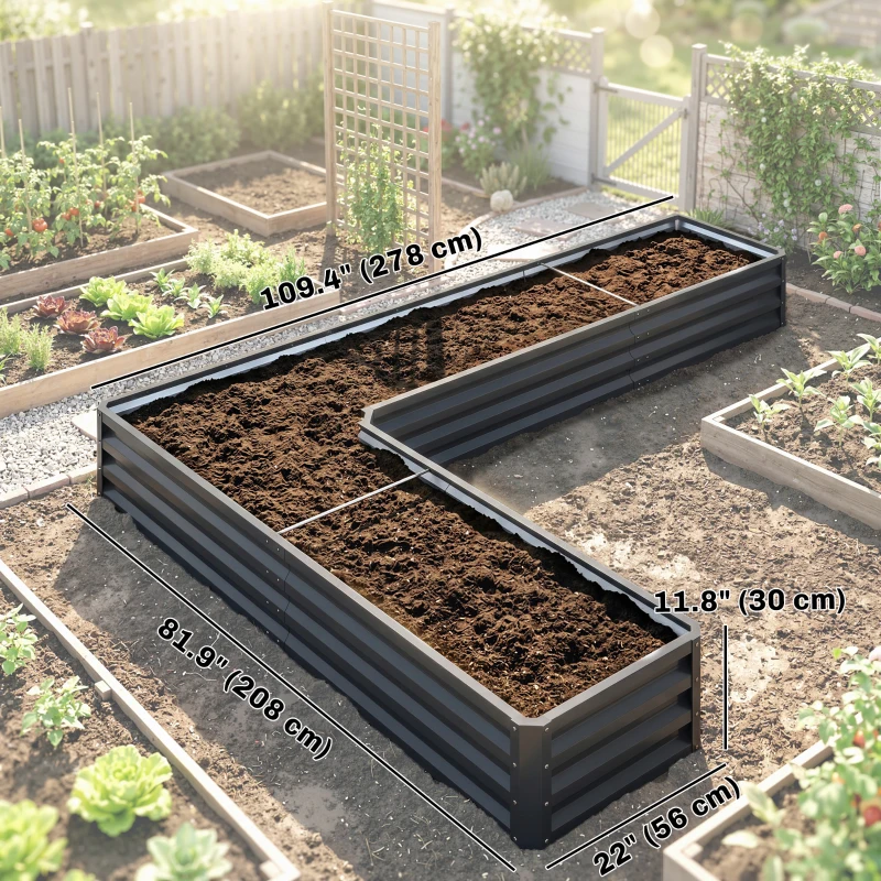 Outsunny L-Shaped Raised Garden Bed, 82" x 109" x 12" Galvanized Steel Planter Box with Multi-reinforced Rods for Vegetables, Flowers and Herbs, Dark Grey