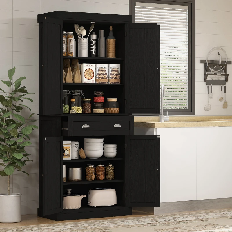 HOMCOM 72" Tall Pantry Cabinet, Kitchen Storage Cabinet with 4 Doors, Drawer and 2 Adjustable Shelves, Black Wood Grain