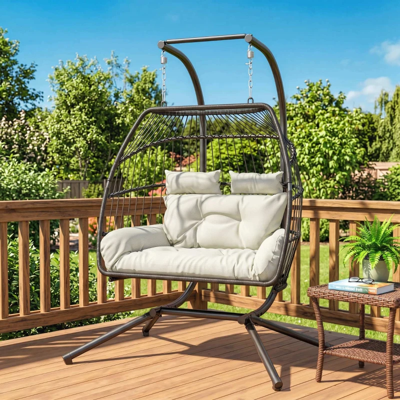Outsunny Double Wicker Egg Swing Chair with Stand, Foldable Hanging Egg Chair with UV Resistant Cushion, Headrest, Cream White